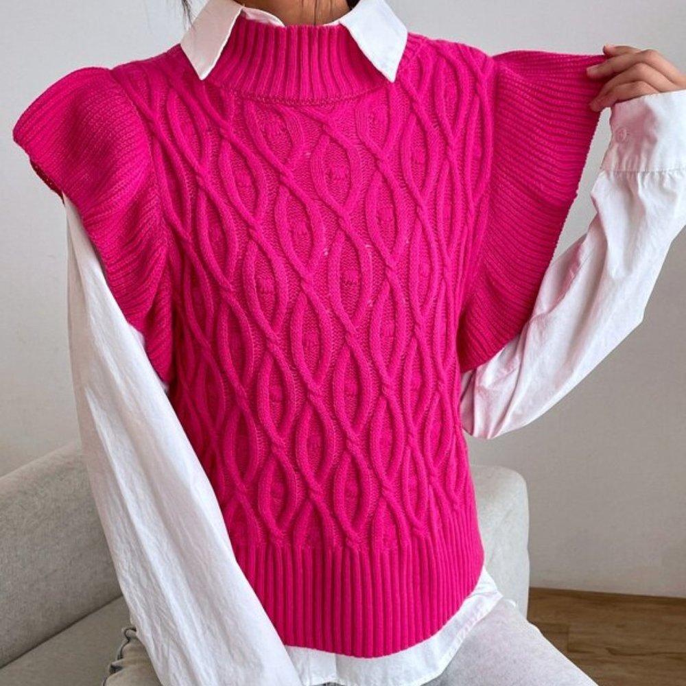 CHIC DOLLZ Cable Knit Ruffle Trim Sweater Vest PI - Picture 1 of 6